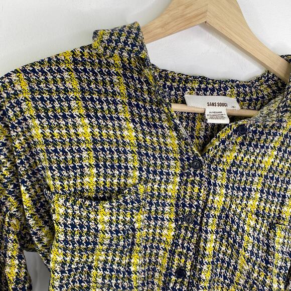 Sans Souci Blue Yellow Houndstooth Button Front Shirt Women's Size Medium M - Picture 3 of 7